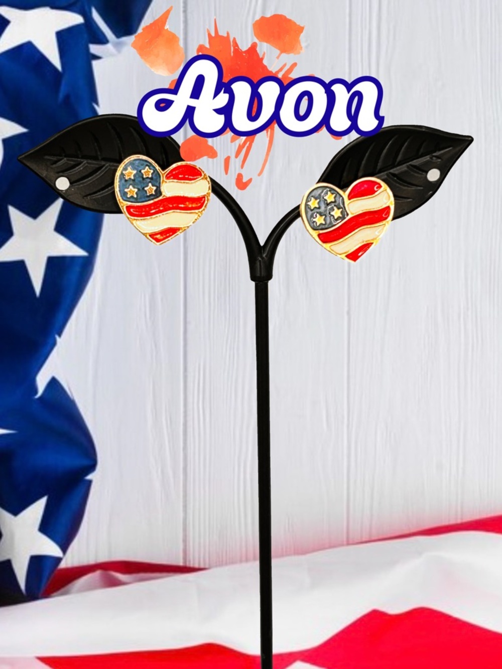Vintage Avon Patriotic Flag Heart Earrings | Red White Blue Metallic Enamel